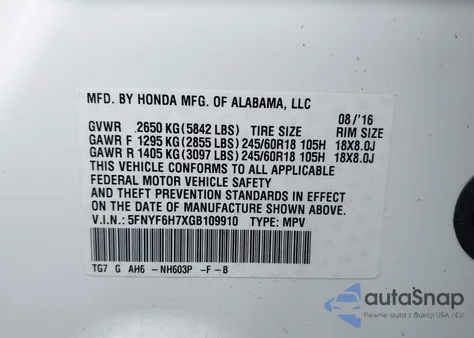 2016 Honda Pilot Ex-L z USA, uszkodzony, nr VIN 5FNYF6H7XGB109910